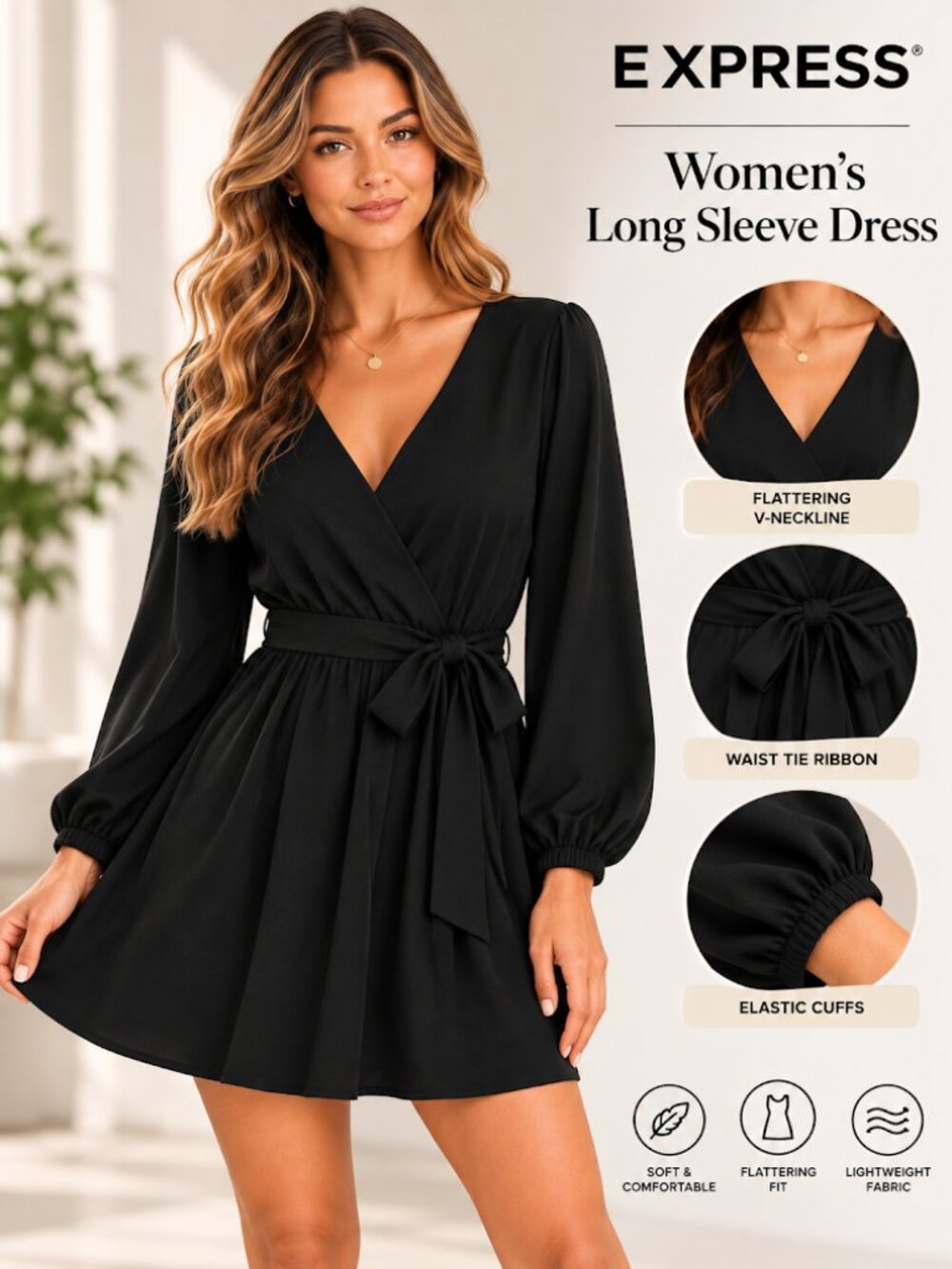 Express Black Silky Satin Long Sleeve Tie Waist Mini Dress